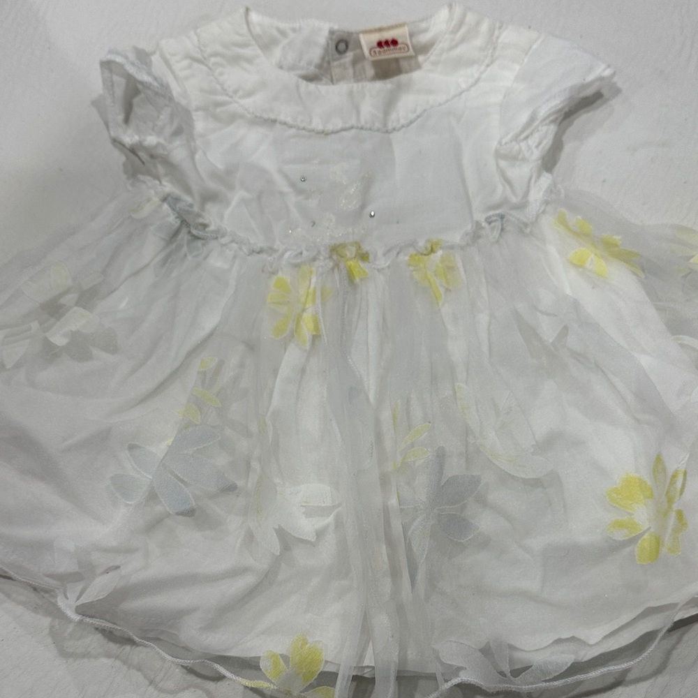 3 Pommes White and Yellow Floral Baby Dress 6 months made in France